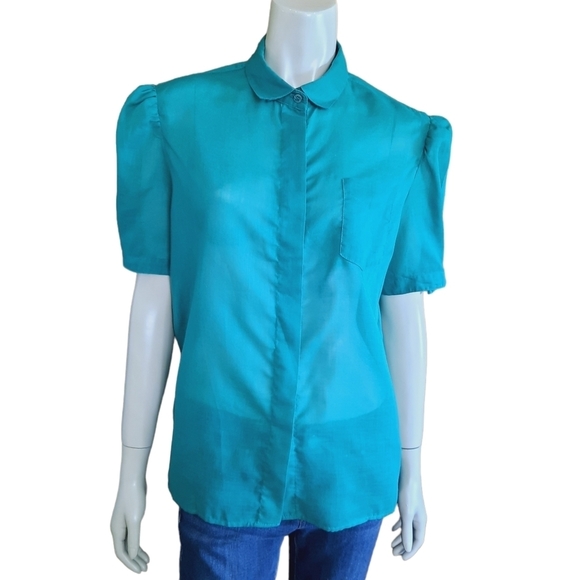 VINTAGE 80s Top Size Medium Semi Sheer Cotton Kelly Green Short Poof Sleeves - Picture 2 of 11